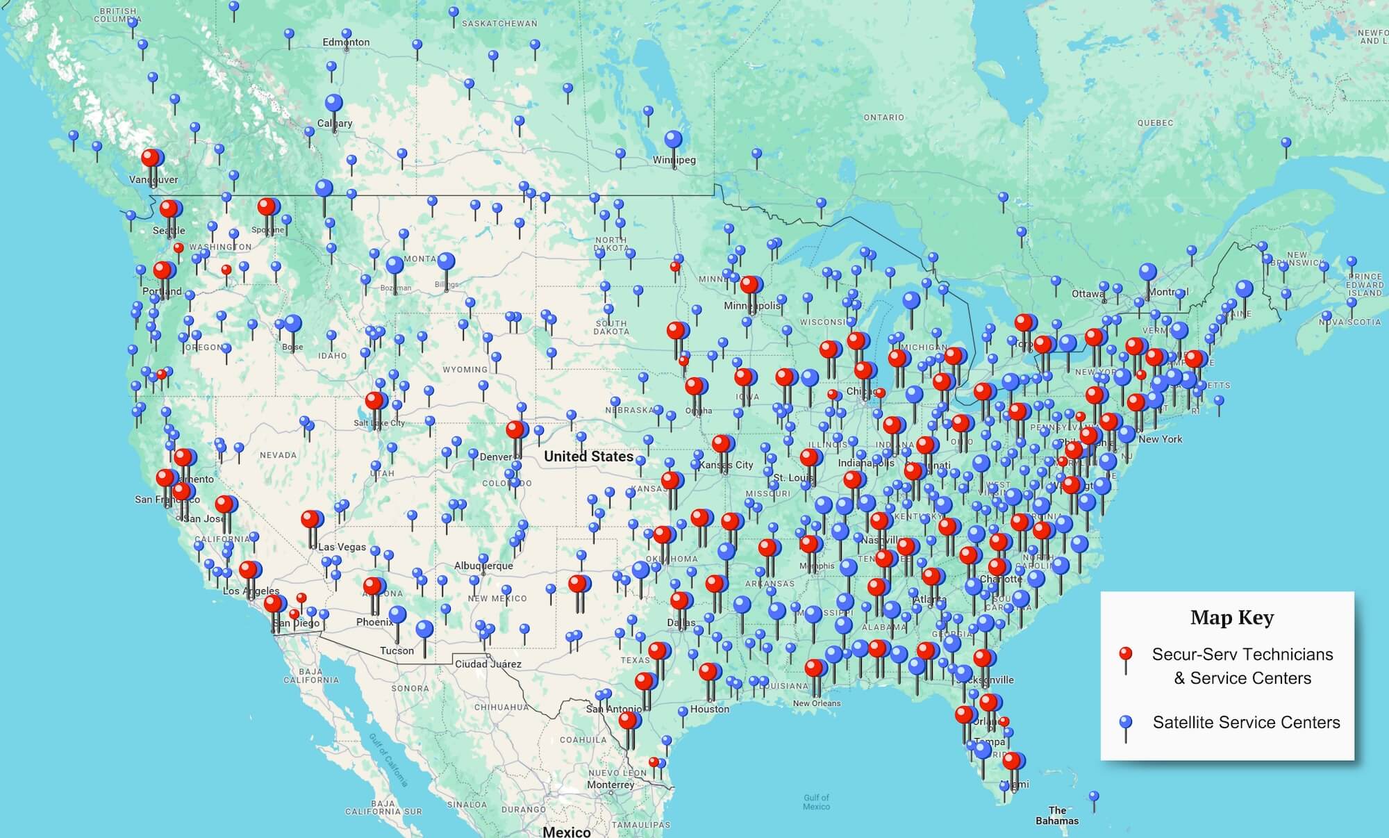 A map of all of the Secur-Serv Service centers and technicians